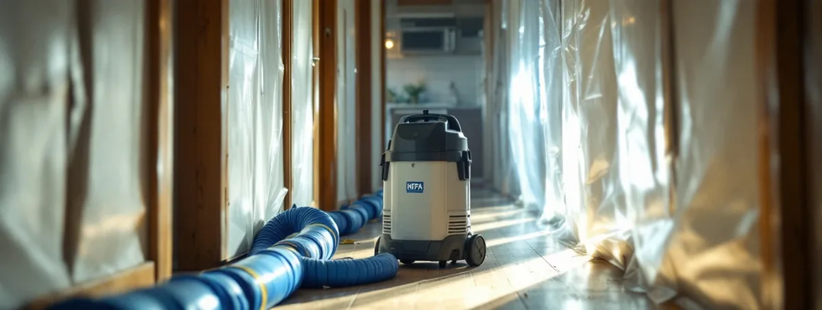 Containment sheeting and air scrubber during mold remediation