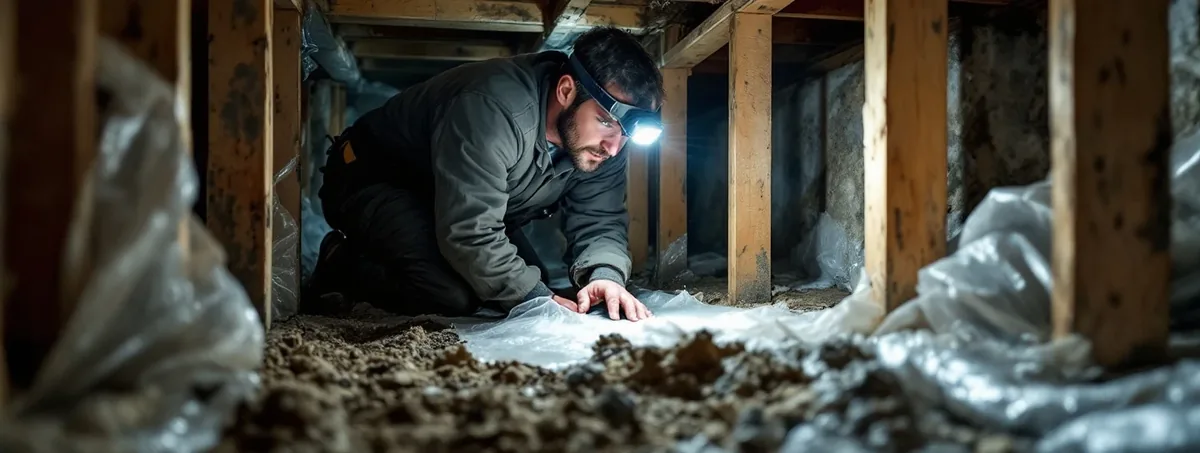 Technician inspecting mold in a crawl space