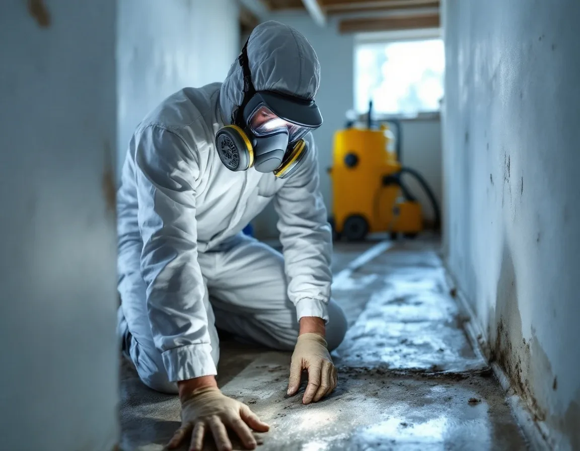 Mold removal technician inspecting a Boulder basement